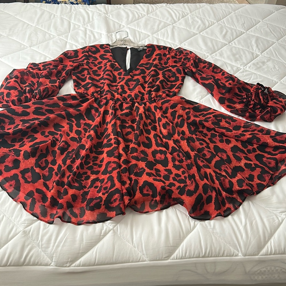 Fashion Nova Mini Dress Womens Large Red Sheer Ruffle Show You Right Flare